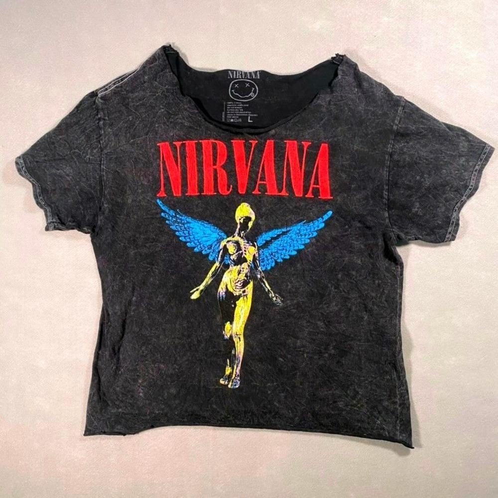 Nirvana In Utero Angel Tee L Charcoal Acid Wash Grunge Rock Thrashed Reprint